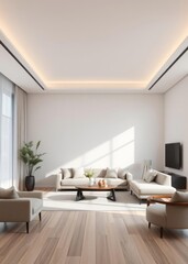 Fototapeta premium Empty modern living room with neutral colors and minimal furniture home interior background empty room living modern Empty room interior design architecture blank design room