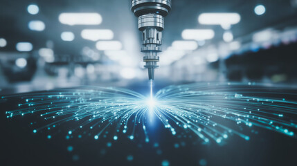 Industrial precision: Captivating close-up of industrial machinery at work, welding with a focused laser, producing intricate details and sparks.