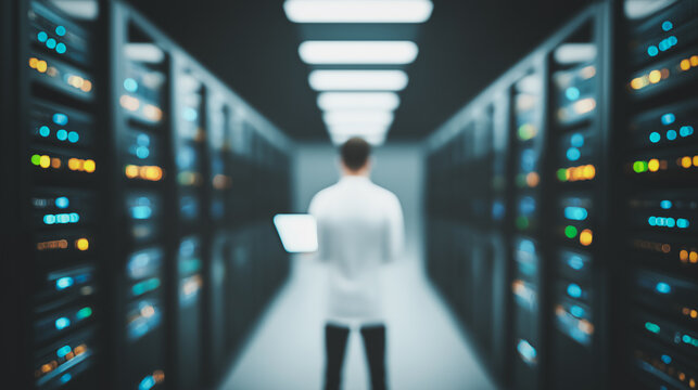 Data Center Analyst: A silhouette of a technician in a modern data center. The image evokes a sense of technological advancement and the vital role data centers play in today's world.