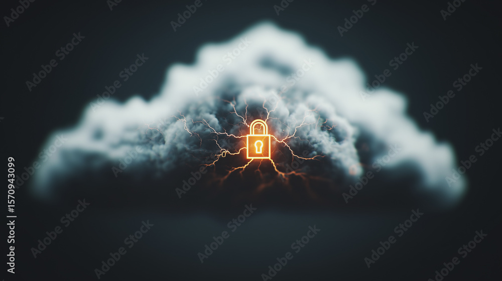Poster cloud security: an illuminated lock superimposed over a storm cloud, symbolizing data protection, en