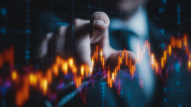 Navigating the Markets: A close-up perspective of a sharp professional, immersed in the world of trading, his finger poised above a screen displaying fluctuating financial data.