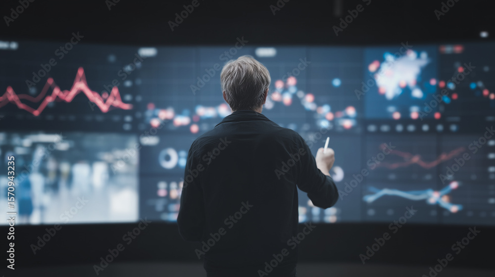 Poster data-driven insights: a focused data analyst stands before a large interactive data screen, visualiz