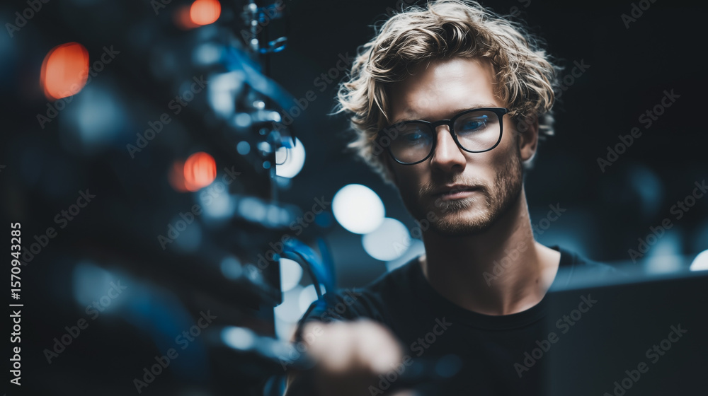 Poster tech professional at work: a focused technology professional inspects network infrastructure with a 