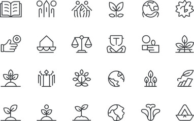 Modern minimalist vector icons: growth, sustainability, and global ethics.
