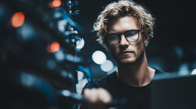 Tech Professional at Work: A focused technology professional inspects network infrastructure with a blend of concentration and competence.