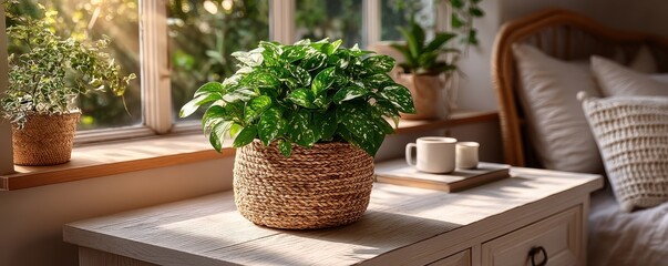 Potted pothos plant in a cozy bedroom setting with sunlight streaming in