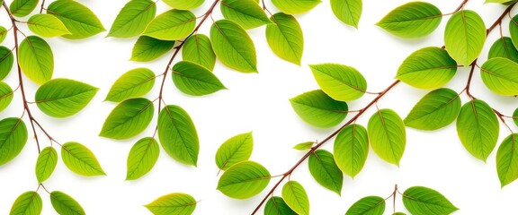 Delicate, overlapping green leaves forming a continuous botanical pattern on white, seamless,  natural