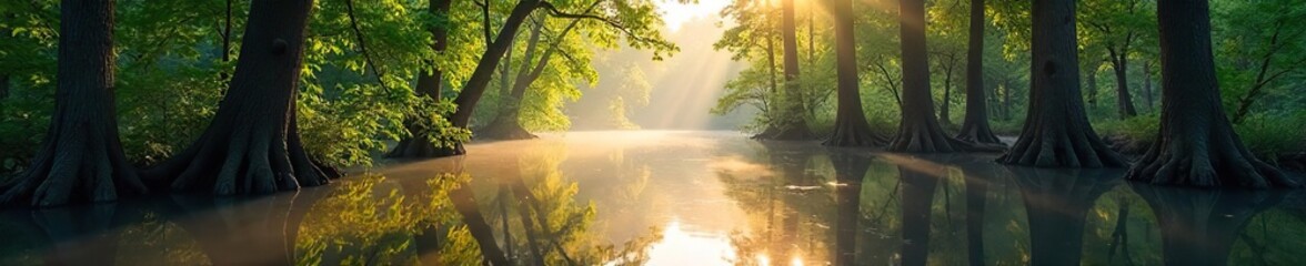 Sun-Drenched Flooded Forest Partially Submerged Trees Reflecting Sky in Vibrant High-Water Ecosystem