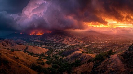 Fototapeta premium A panoramic view of a scorched landscape with wildfires raging in the distance, smoke billowing into the sky, showcasing the increasing frequency of extreme weather events