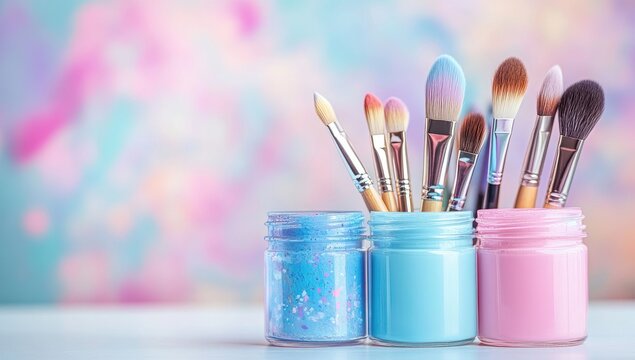 Colorful paintbrushes in jars against a blurred pastel background