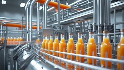 Carrot juice being processed and bottled in a state-of-the-art manufacturing facility, showcasing modern techniques in beverage production and food industry efficiency