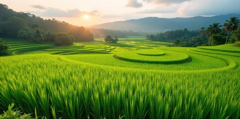 Abundant Harvest Sun-Drenched Rice Paddies in Bali. Lush green rice stalks heavy with ripening grain showcase traditional Balinese irrigation systems and a vibrant farming ecosystem.