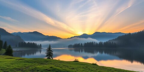 Fototapeta premium Misty dawn sunrise over a mountain lake in Tatra National Park, Poland, carpathian, sun