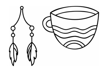 Black line art of a coffee cup and dreamcatcher black and white