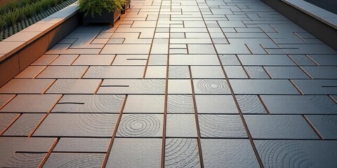 Modern square textured paving tiles create a stylish, geometric patio surface,  beige,  stone