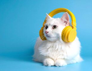Cat with curious look wearing headphones on blue