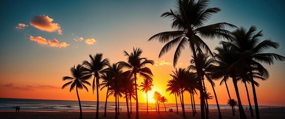 Obraz premium Retro sunset over palm trees on a California beach, vintage vibe, sky, vibrant