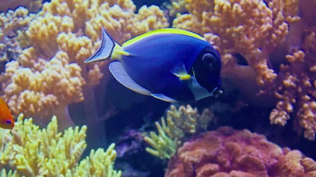 Brightly colored exotic fish swim between corals on the seabed