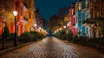 Obraz premium A picturesque view of a cobblestone street illuminated by vintage street lamps, with colorful buildings lining the sides, creating a warm and inviting nighttime atmosphere