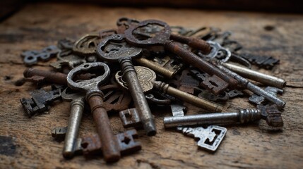A pile of antique keys scattered on an aged wooden surface, with a rustic feel.
