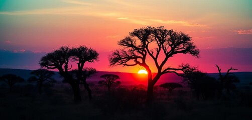 Fototapeta premium Silhouette of heart-shaped acacia trees at sunset over African savanna, beautiful, tree silhouette