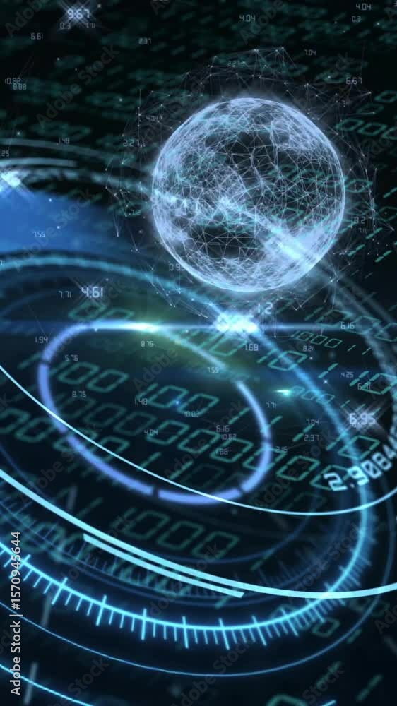 Poster animation of globe with binary coding and data processing over dark background