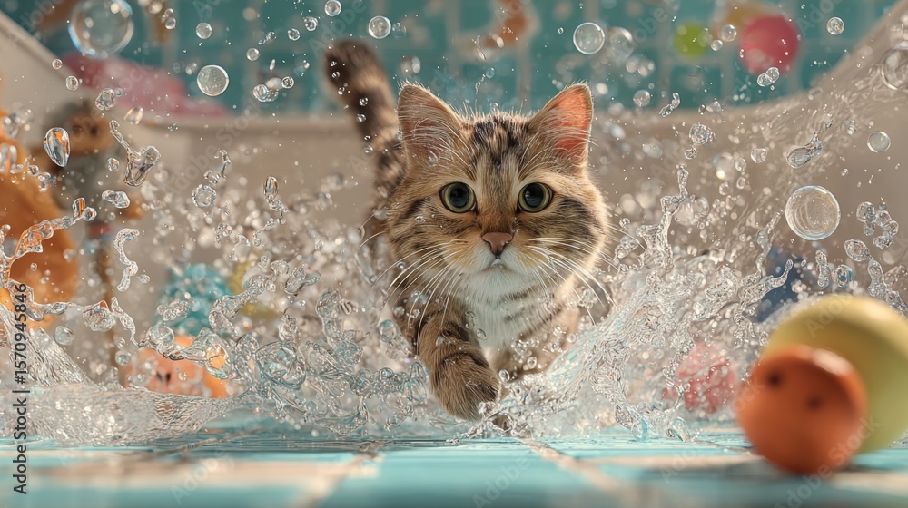 Poster A playful scene of a cat chasing and pouncing on water droplets in a bathtub, with a splashy, fun atmosphere and a few toys scattered around.