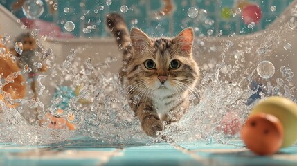 A playful scene of a cat chasing and pouncing on water droplets in a bathtub, with a splashy, fun atmosphere and a few toys scattered around.
