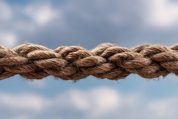 Close-up of thick, braided hemp rope against a blurred sky background; texture and weave are prominently displayed