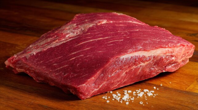 A raw beef brisket with a deep red color and visible fat cap, placed on a wooden surface with simple garnishing, ready for slow cooking