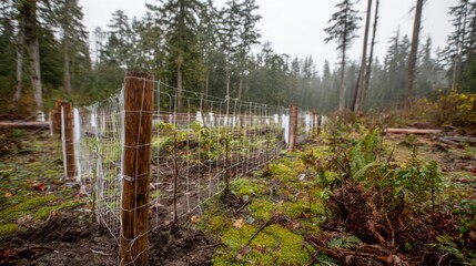 Fototapeta premium A reforested area with tall, sturdy trees standing next to smaller, freshly planted ones, showing the progression of forest regeneration