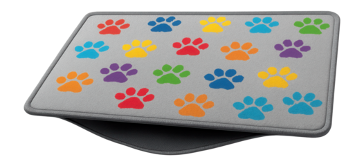 A large, machine-washable fabric mat with a colorful paw print design, designed to protect hardwood floors from water and food spills.
