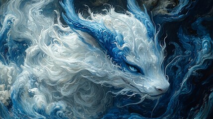 Mythical white dragon, intense gaze, dark background, digital art