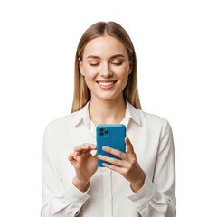 Smiling woman using smartphone isolated on transparent background