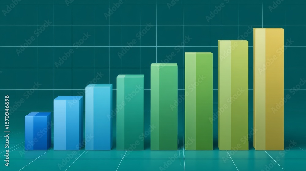 Poster a row of vertical bars in a gradient from blue to green, symbolizing financial performance over time
