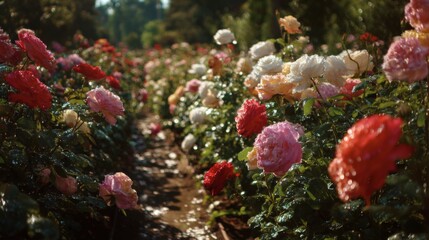 Obraz premium A rose garden after a light rain, with rows of roses in different shades, each bloom sparkling with water droplets under the gentle sunlight.