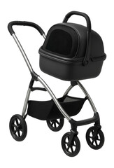 Convertible pet stroller with a detachable compartment that serves as a portable pet carrier.