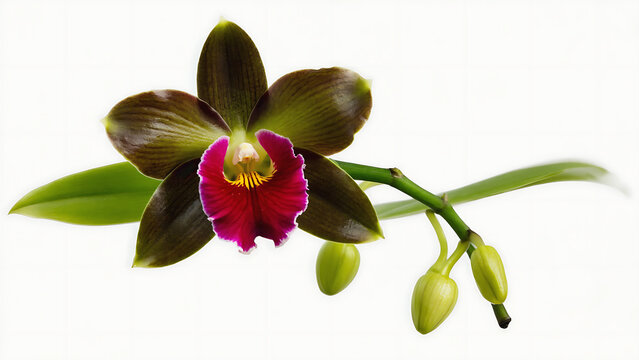 Exotic orchid with dark petals and vibrant red center, set against a clean white background.