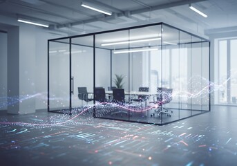 Modern blurred office interior with glass meeting room and digital data overlay on the floor, representing futuristic corporate technology, innovation, and workspace analytics.	
