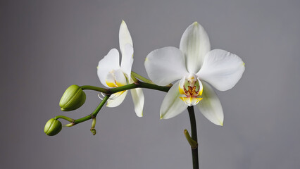 Fototapeta premium Elegant white orchid blossoms with delicate details against a serene gray background.