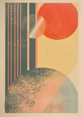 Retro-futuristic poster, abstract celestial stars and planets. Bold geometric shapes and grainy risograph texture. A mid-century modern inspired design. Abstract representation of space. 