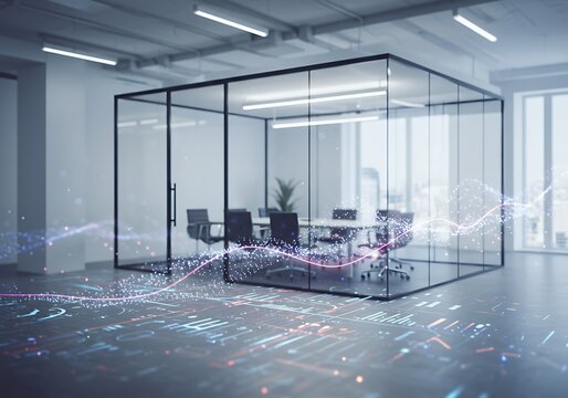 Modern blurred office interior with glass meeting room and digital data overlay on the floor, representing futuristic corporate technology, innovation, and workspace analytics.	