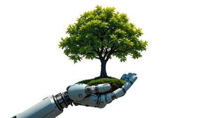 Robot hand holding tree concept for technology and nature future sustainability and environmental conservation ,on transparent background