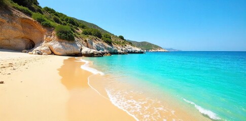 Idyllic Greek Beach Sun-Kissed Golden Sand Meets Turquoise Waters, Perfect for Relaxation and Escape
