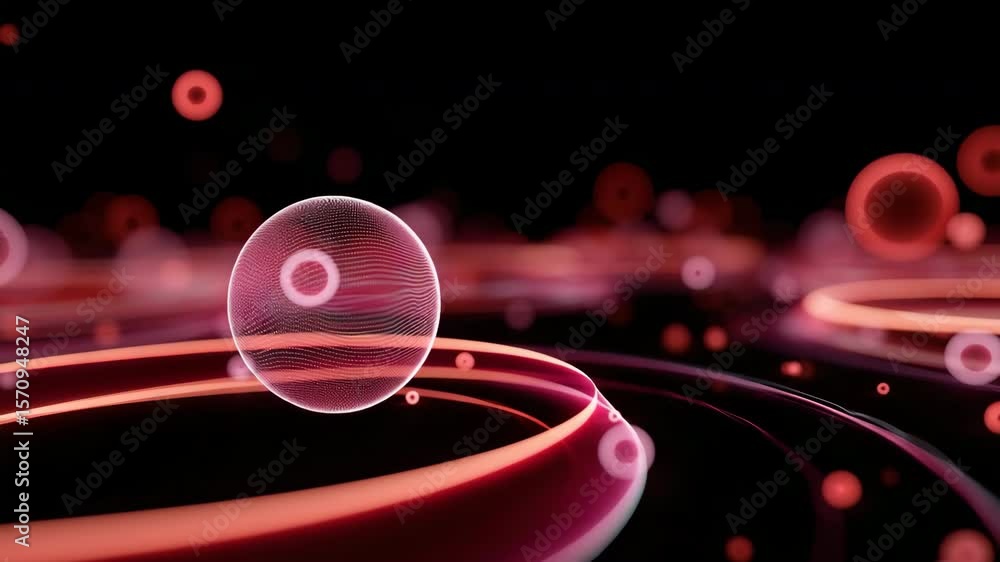 Poster a red and black image of a ball surrounded by many other balls. the image has a futuristic and abstr