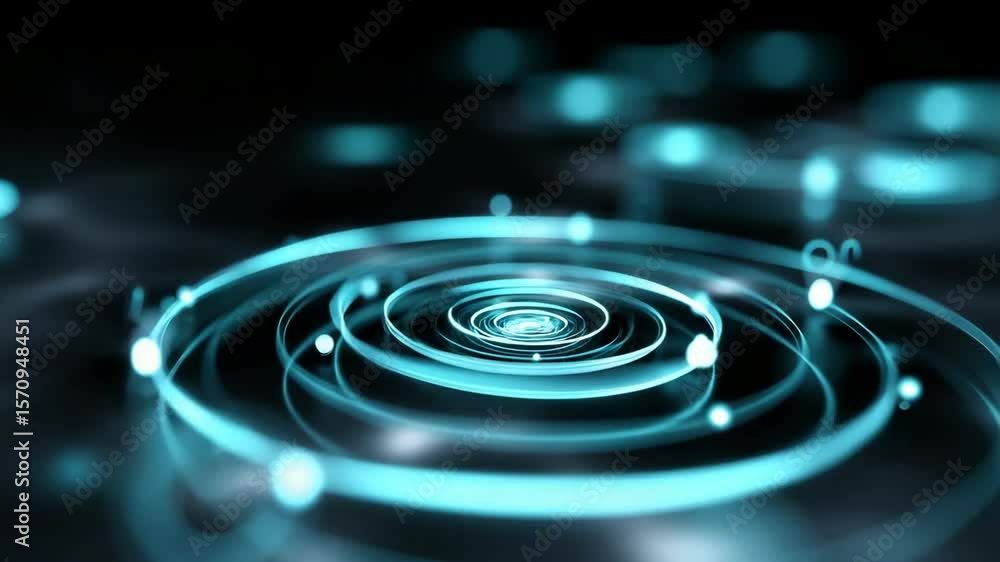 Poster a series of blue circles with a dark background. the circles are all different sizes and are arrange