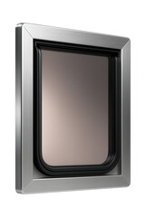 A pet door with a tinted flap to reduce glare, designed for a sunroom in a family residence.