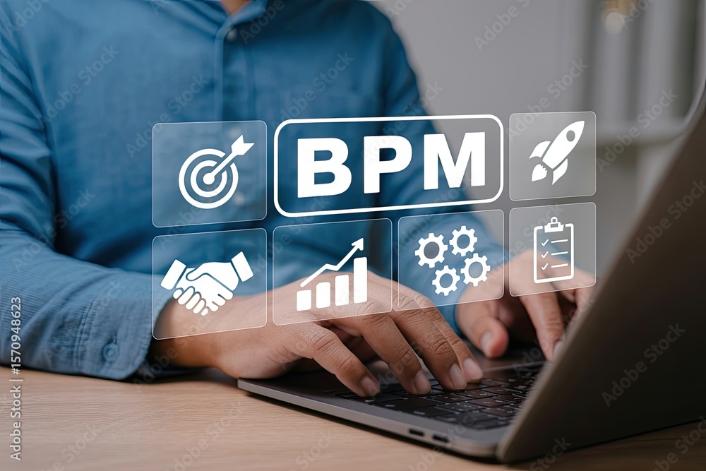 Poster business process management concept with icons representing goals teamwork growth efficiency and tas