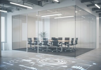 Modern blurred office interior with glass meeting room and digital data overlay on the floor, representing futuristic corporate technology, innovation, and workspace analytics.	