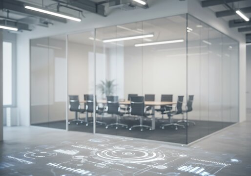 Modern blurred office interior with glass meeting room and digital data overlay on the floor, representing futuristic corporate technology, innovation, and workspace analytics.	 - Powered by Adobe